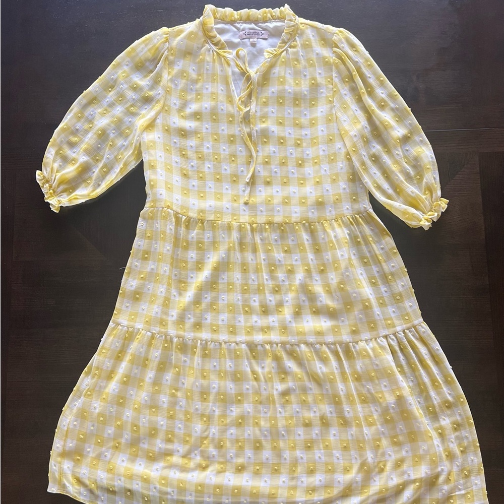 Nanette Lepore Yellow Gingham Swiss Dot Tiered Midi Dress Ruffle Tie Neck Size 4